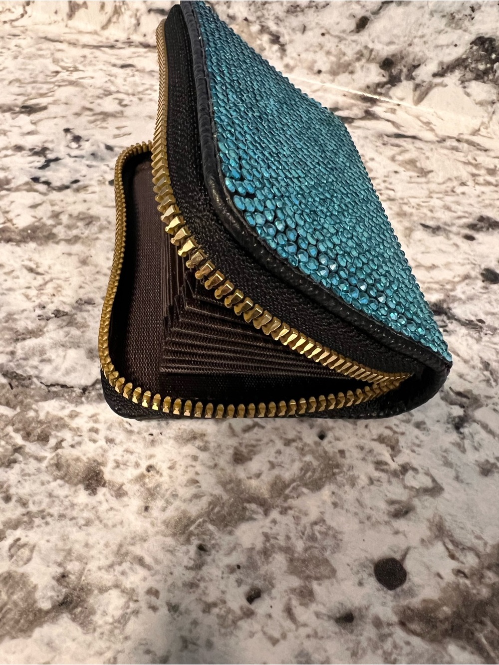 Crystal-Embellished Zip Card Wallet -Green